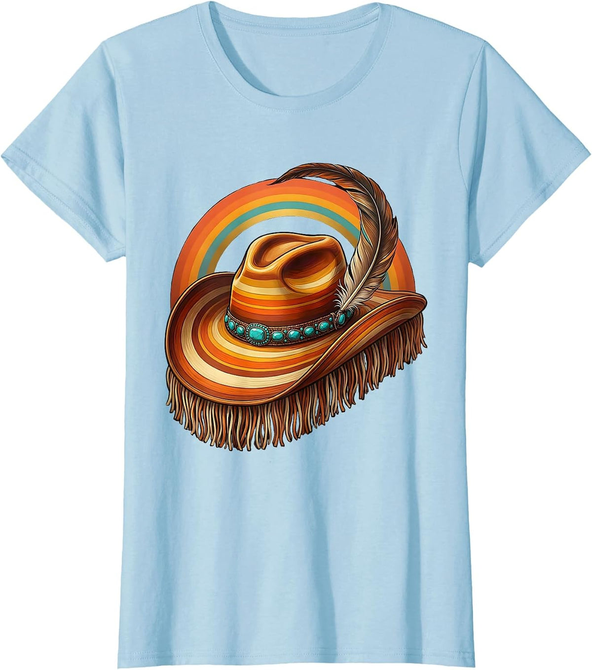 Women's Cowboy Hat Feather Turquoise Western Illustration T-Shirt - Baby Blue