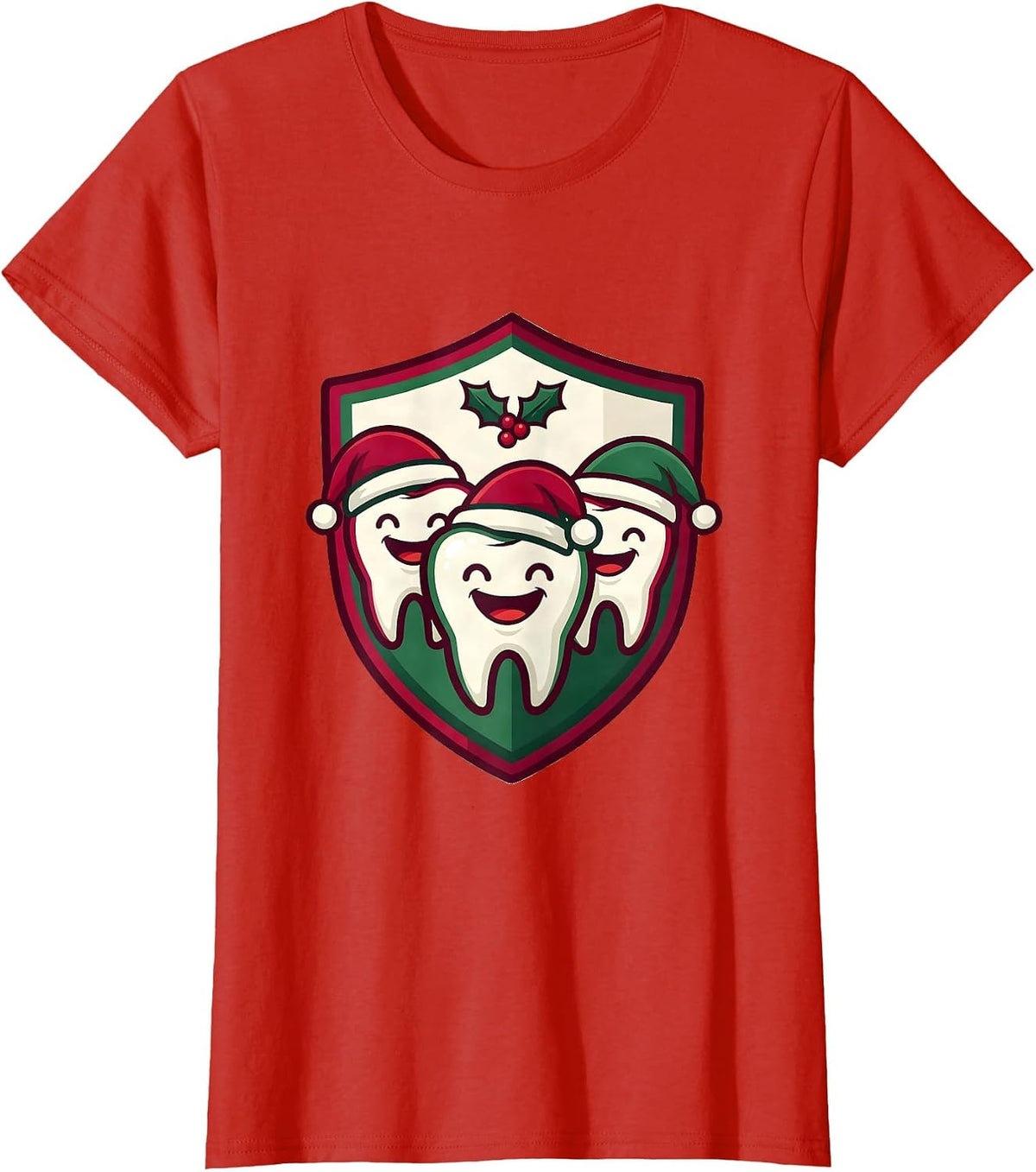 Women's Tooth Mascot Shield Dental Team Christmas Humor T-Shirt - Red