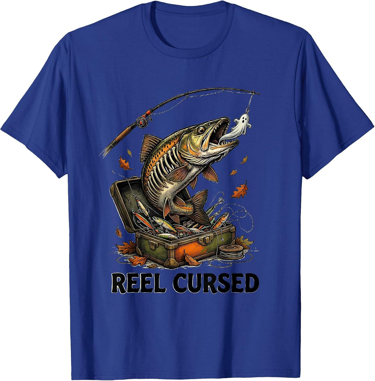 Reel Cursed Playful Spooky Skeleton Halloween Fishing Gift T-Shirt - Royal Blue