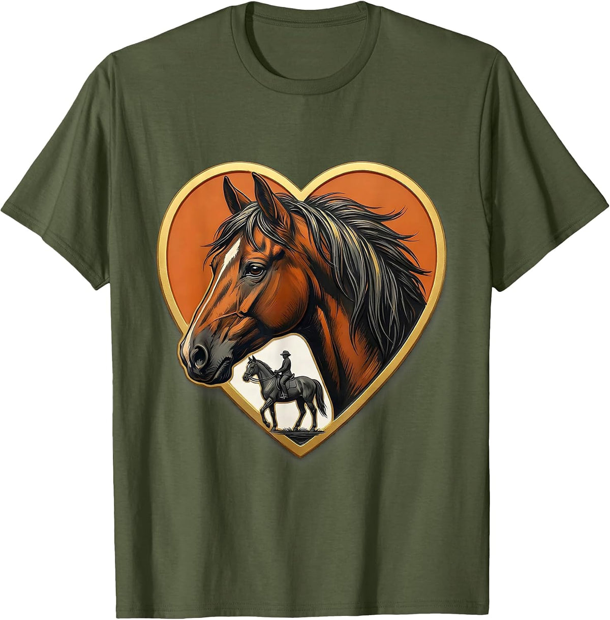 Horse-Head Heart Showcard Badge Horse Lover Girl Humor T-Shirt - Olive Green