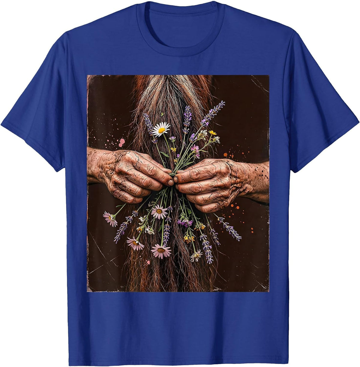 Men's Cowgirl Braiding Horse Tail With Wildflowers T-Shirt - Royal Blue