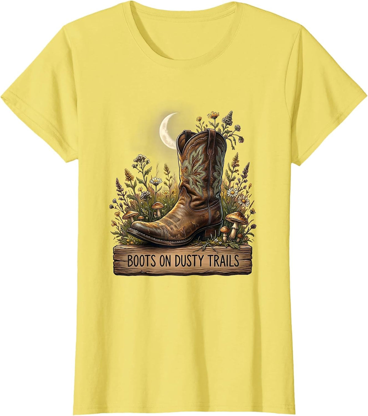 Women's Boots on Dusty Trails Western Graphic Design T-Shirt - Lemon Yellow