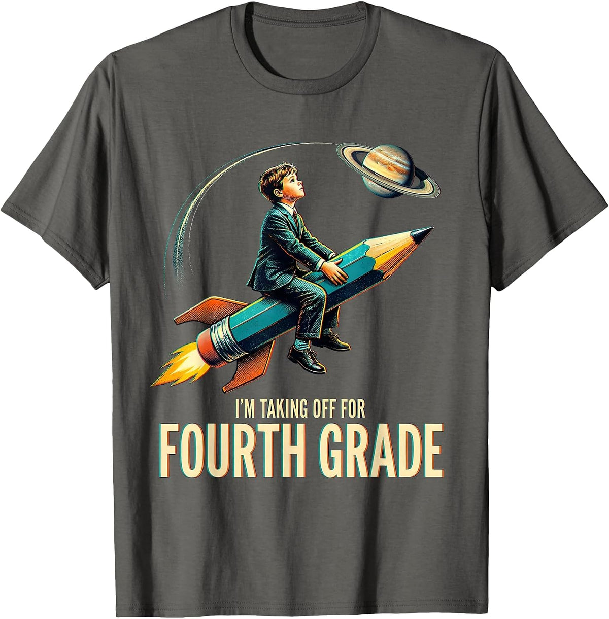 I'm Taking Off For Fourth Grade Playful Astronaut Back T-Shirt - Asphalt Grey