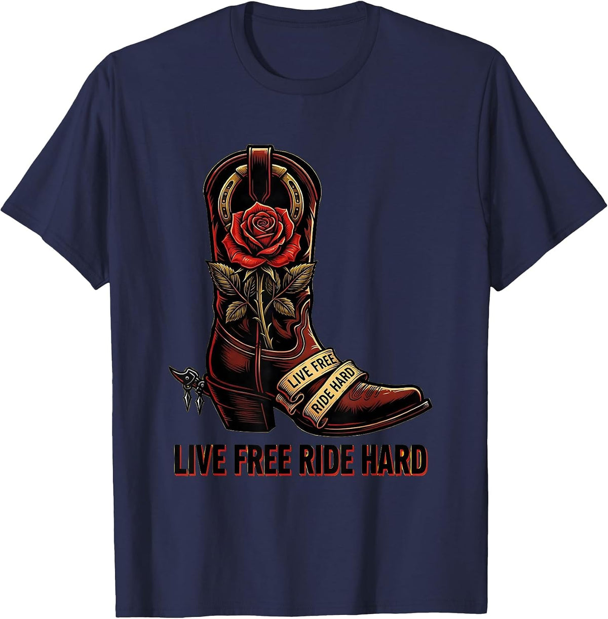 Live Free Ride Hard Cowgirl Design T-Shirt - Navy Blue