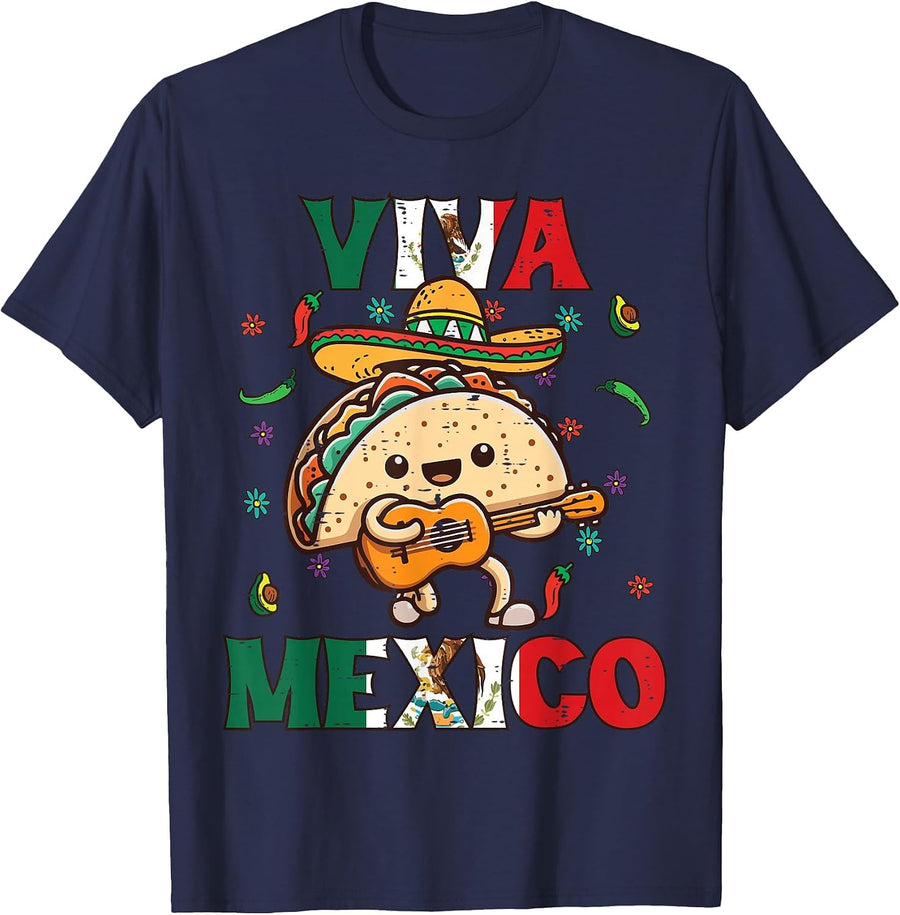 Viva Mexico Taco Guitar Mexican Cinco De Mayo Men Women Kids T-Shirt - Navy Blue