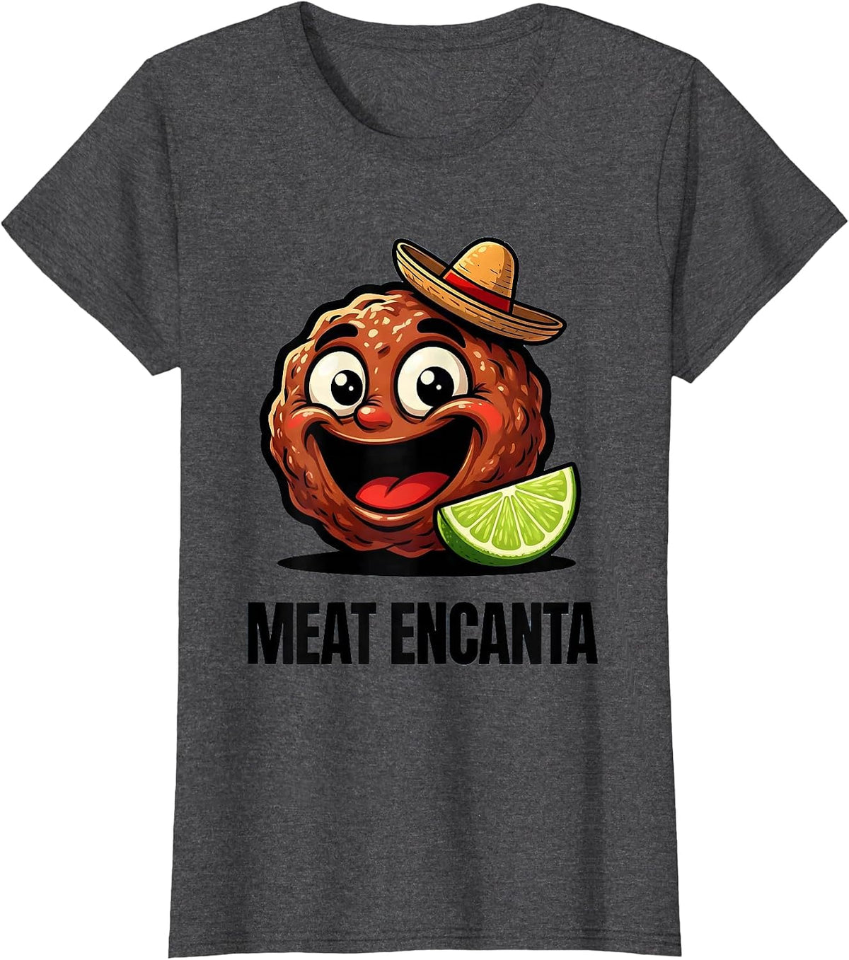 Women's Meat Encanta Cartoon Funny Cinco De Mayo Spanish Pun Party T-Shirt - Dark Heather Grey
