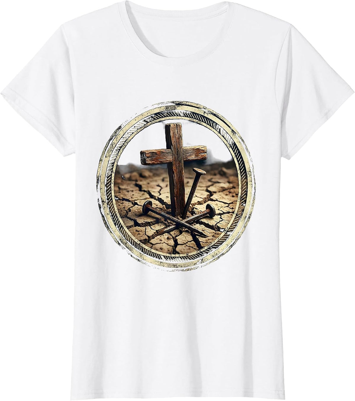 Women's Three Nails Cross Rising from Cracked Earth T-Shirt - White