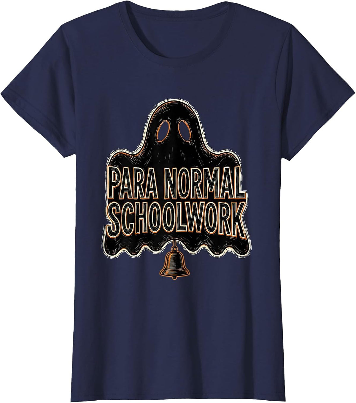 Women's Para Normal Schoolwork Linocut Ghost Paraeducator Halloween T-Shirt - Navy Blue