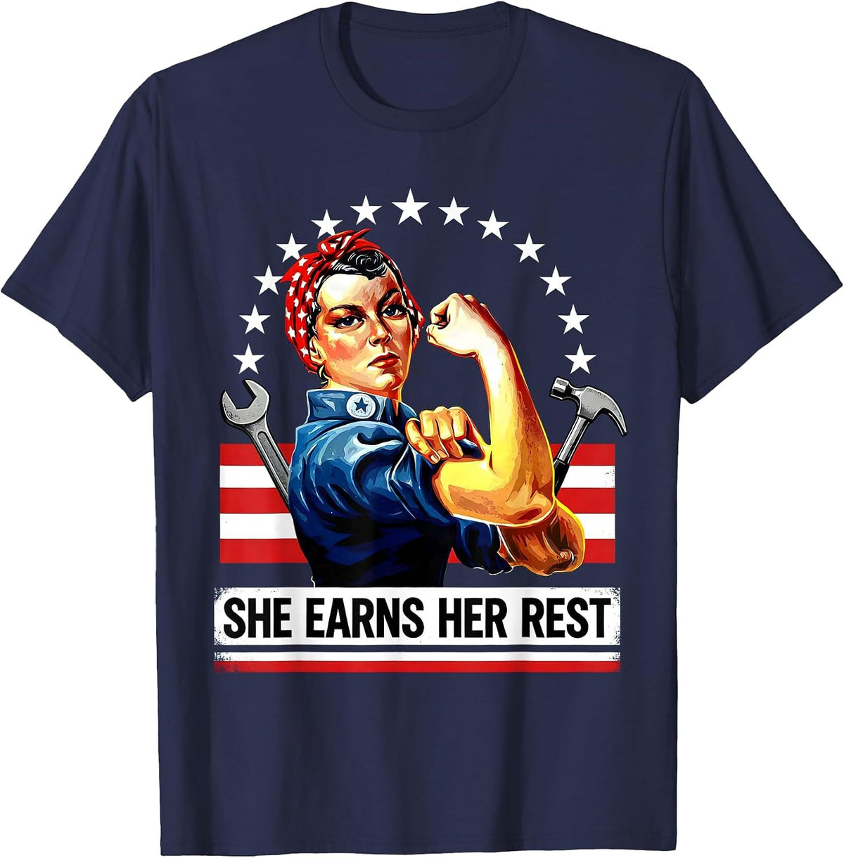 She Earns Her Rest Labor Day Celebration Design T-Shirt - Navy Blue