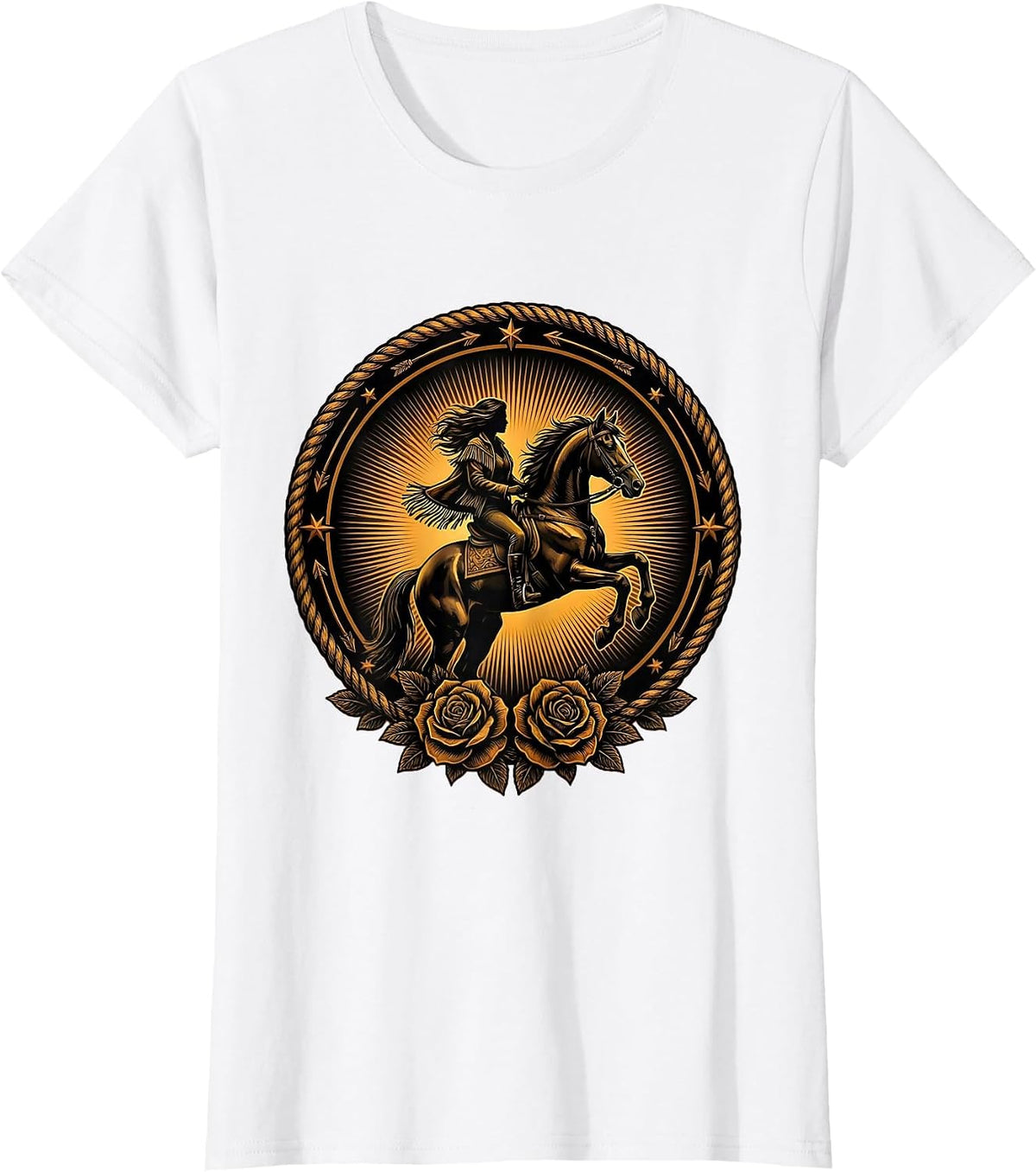 Women's Horseback Rider Sunset Silhouette Western Design T-Shirt - White