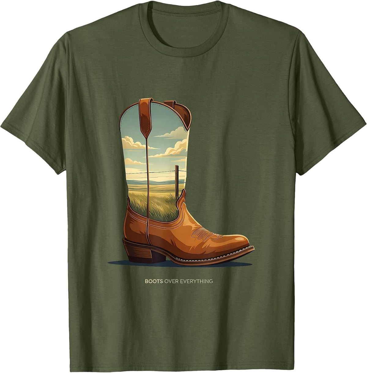 Men's Boots Over Everything Western Statement Design T-Shirt - Olive Green