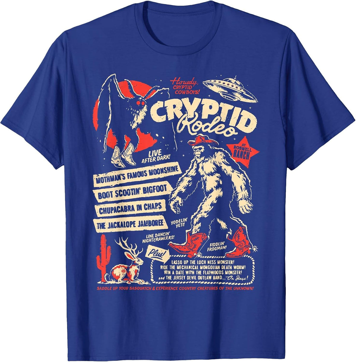Cryptid Rodeo Mothman Chupacabra Jackalope Cowboy Halloween T-Shirt - Royal Blue
