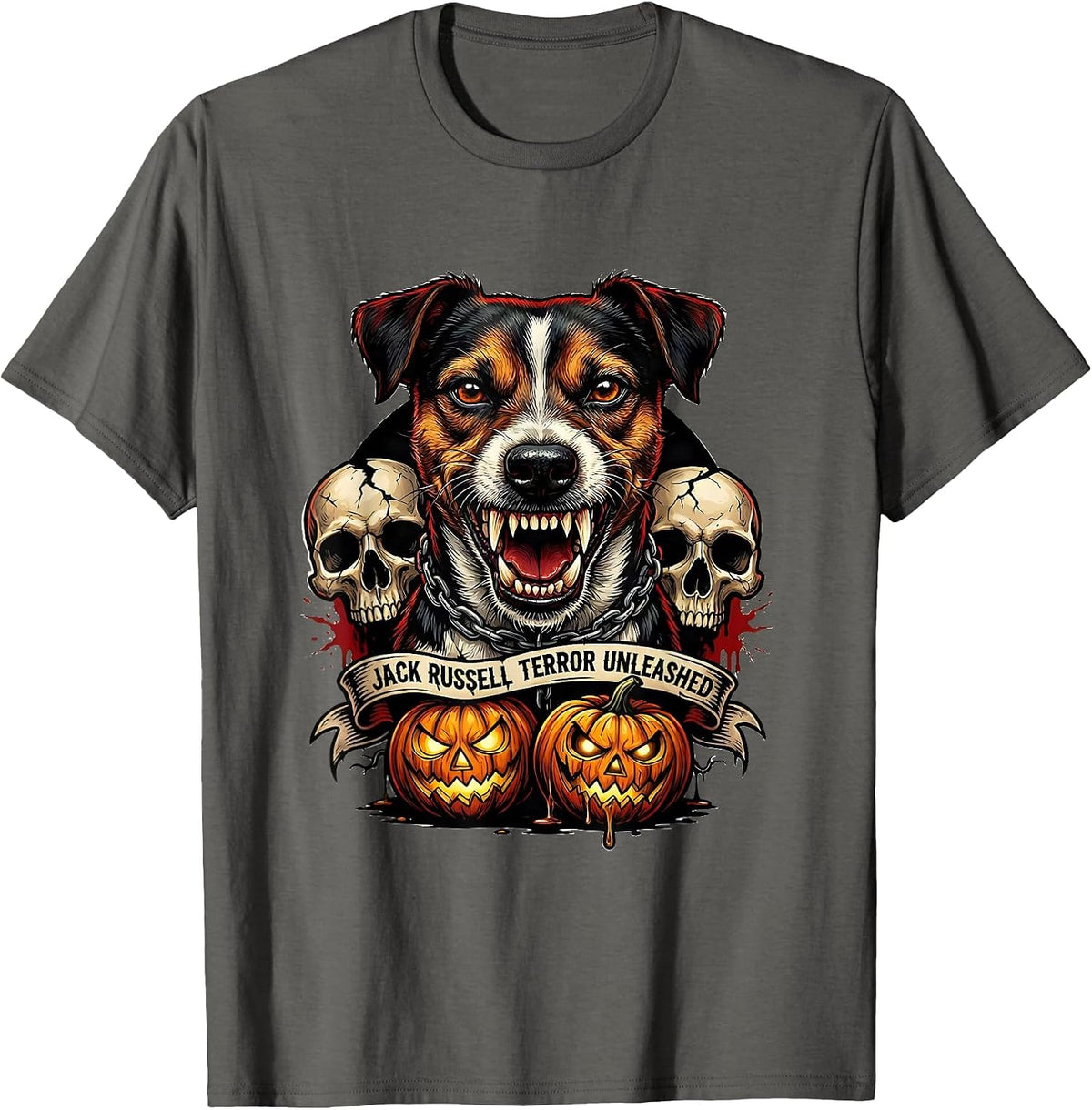 Halloween Jack Russell Terror Unleashed Dog Design T-Shirt - Asphalt Grey