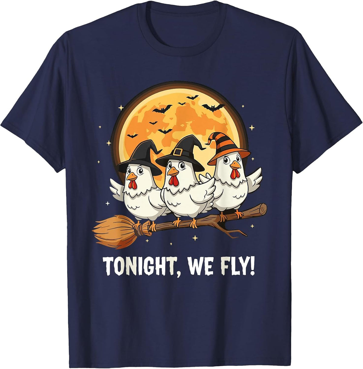 Funny Halloween Chicken Witches Broomstick Spooky Hens Moon T-Shirt - Navy Blue