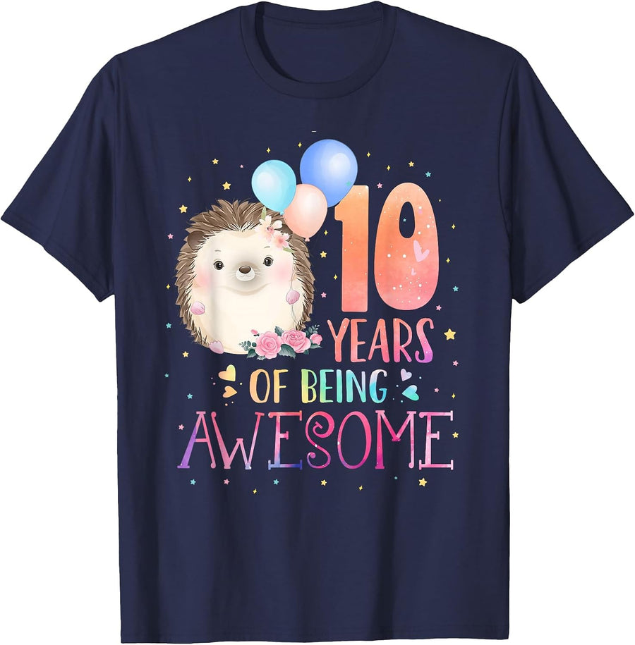 10 Years of Being Awesome Cute Hedgehog 10th Birthday Girl T-Shirt - Navy Blue