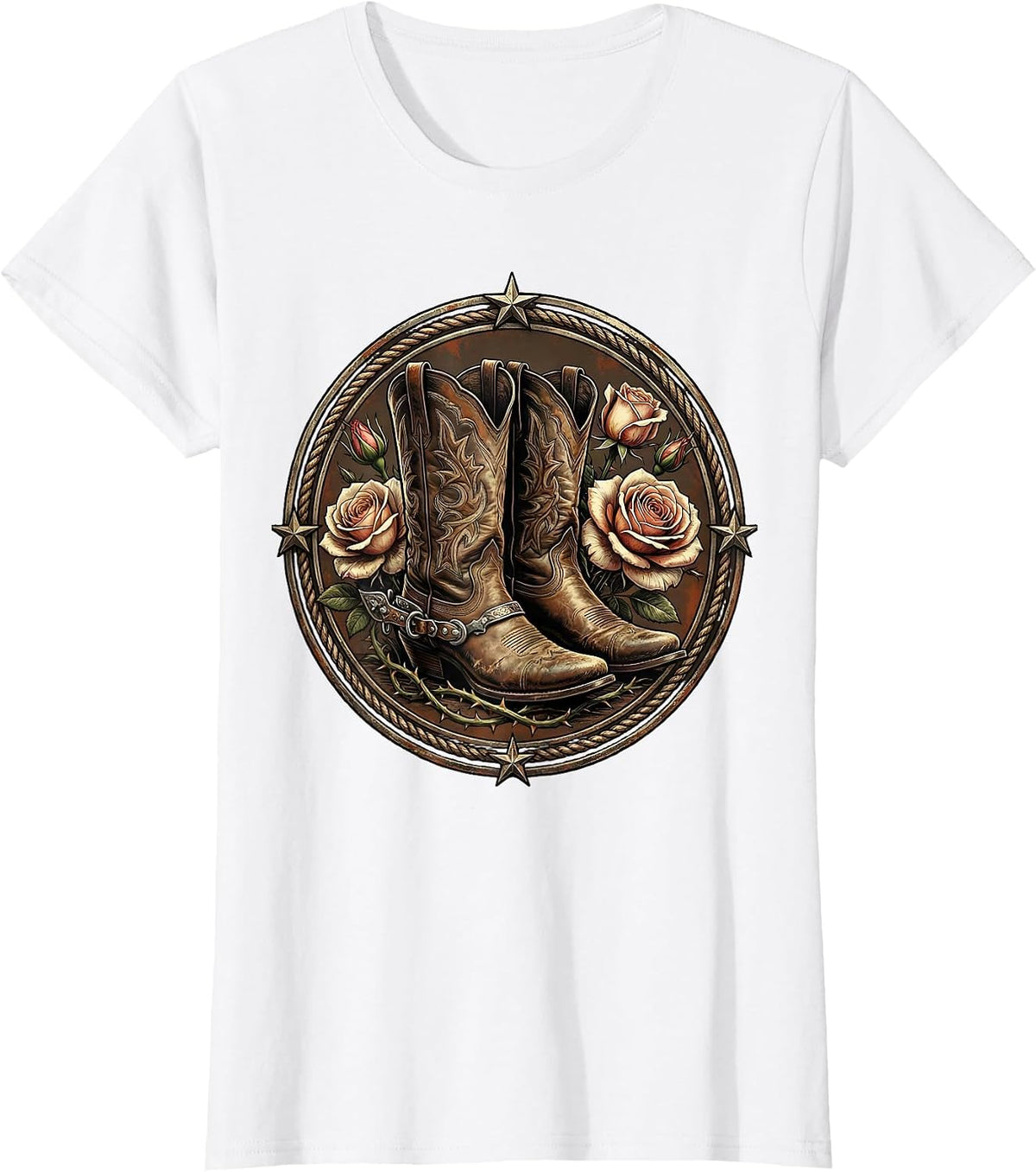 Cowboy Boots Spurs and Roses Western Graphic T-Shirt - White