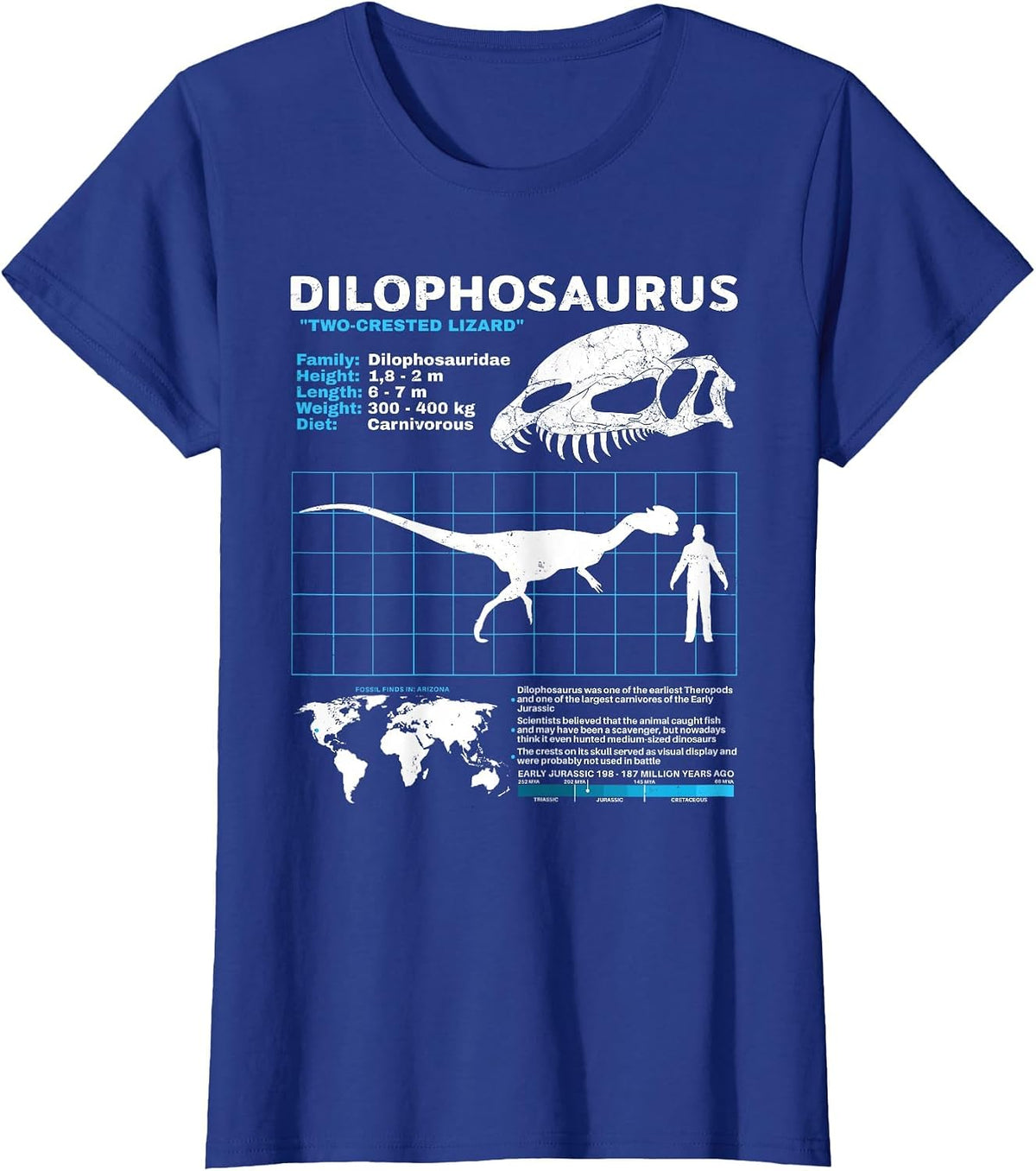 Dilophosaurus fact Sheet Dinosaur Facts T-Shirt - Royal Blue