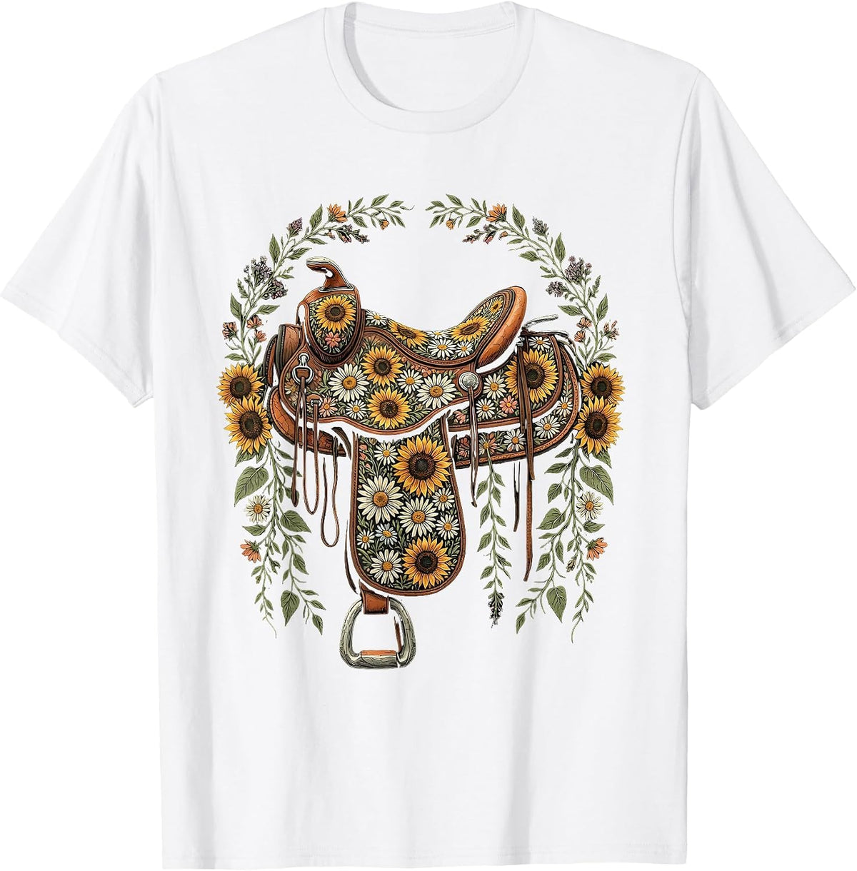 Western Saddle Wildflowers Boho Cowgirl Graphic T-Shirt - White