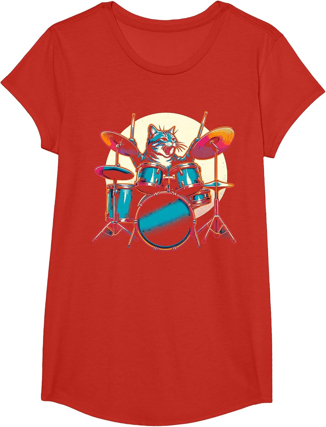 Cat Playing Drums Drummer Novelty Music Lover Funny Drummer T-Shirt - Girls Red