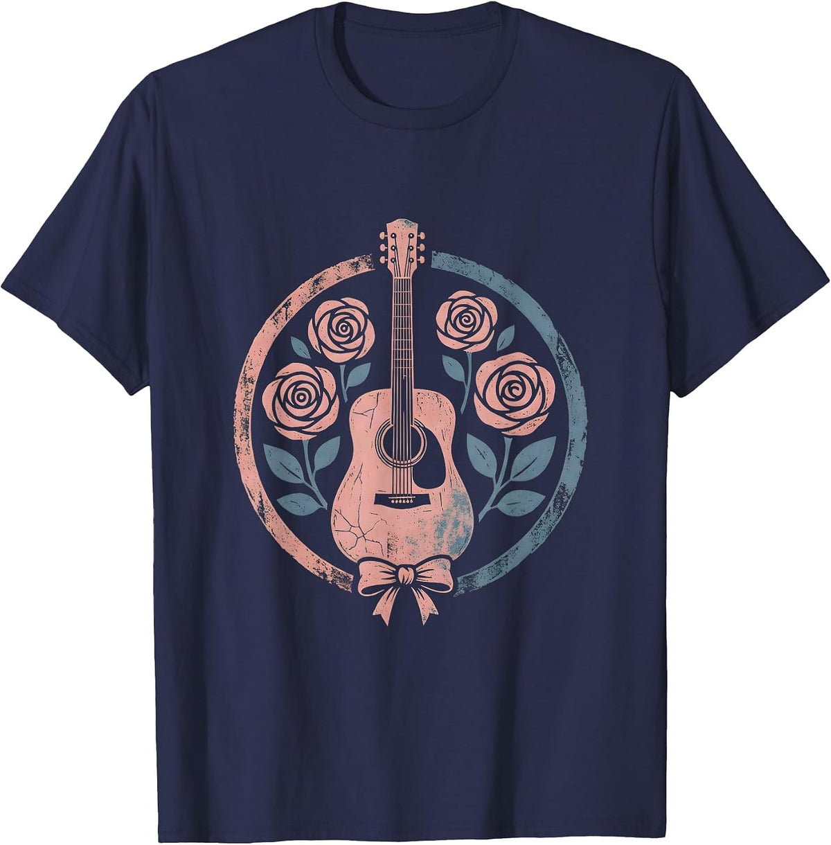 Men's 90s Country Acoustic Guitar Denim and Roses Graphic T-Shirt - Navy Blue