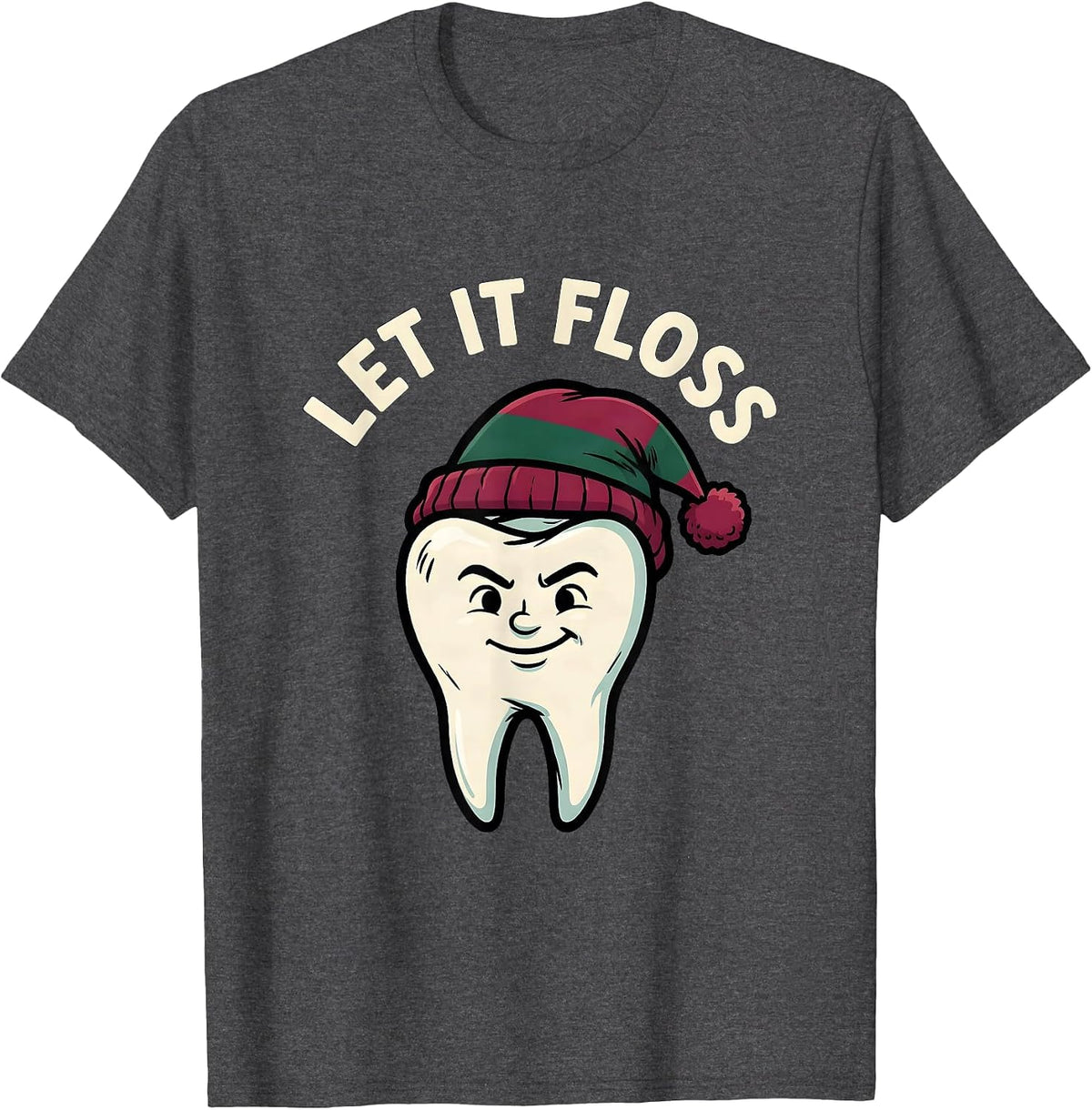 Let It Floss Funny Dentist Christmas Dental Team Tooth Humor T-Shirt - Dark Heather Grey