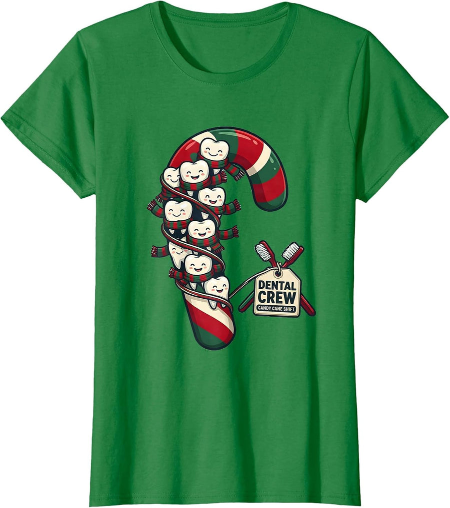 Women's Dental Crew Candy Cane Shift Funny Dental Team Christmas T-Shirt - Kelly Green