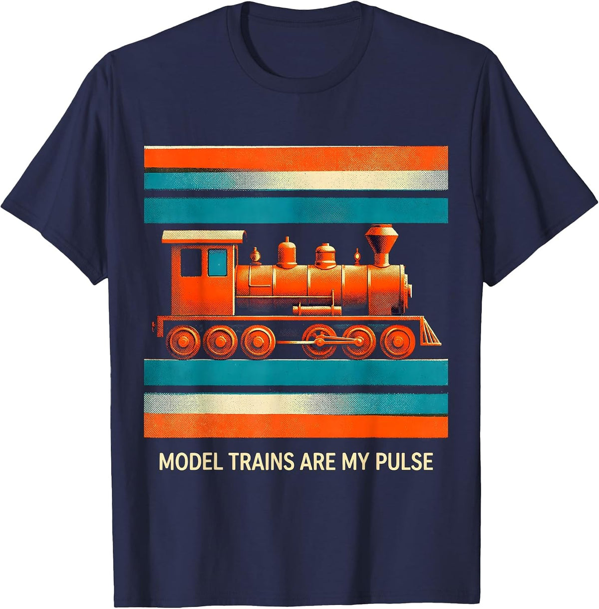 Model Trains Are My Pulse Risograph Hobbyist Enthusiast T-Shirt - Navy Blue