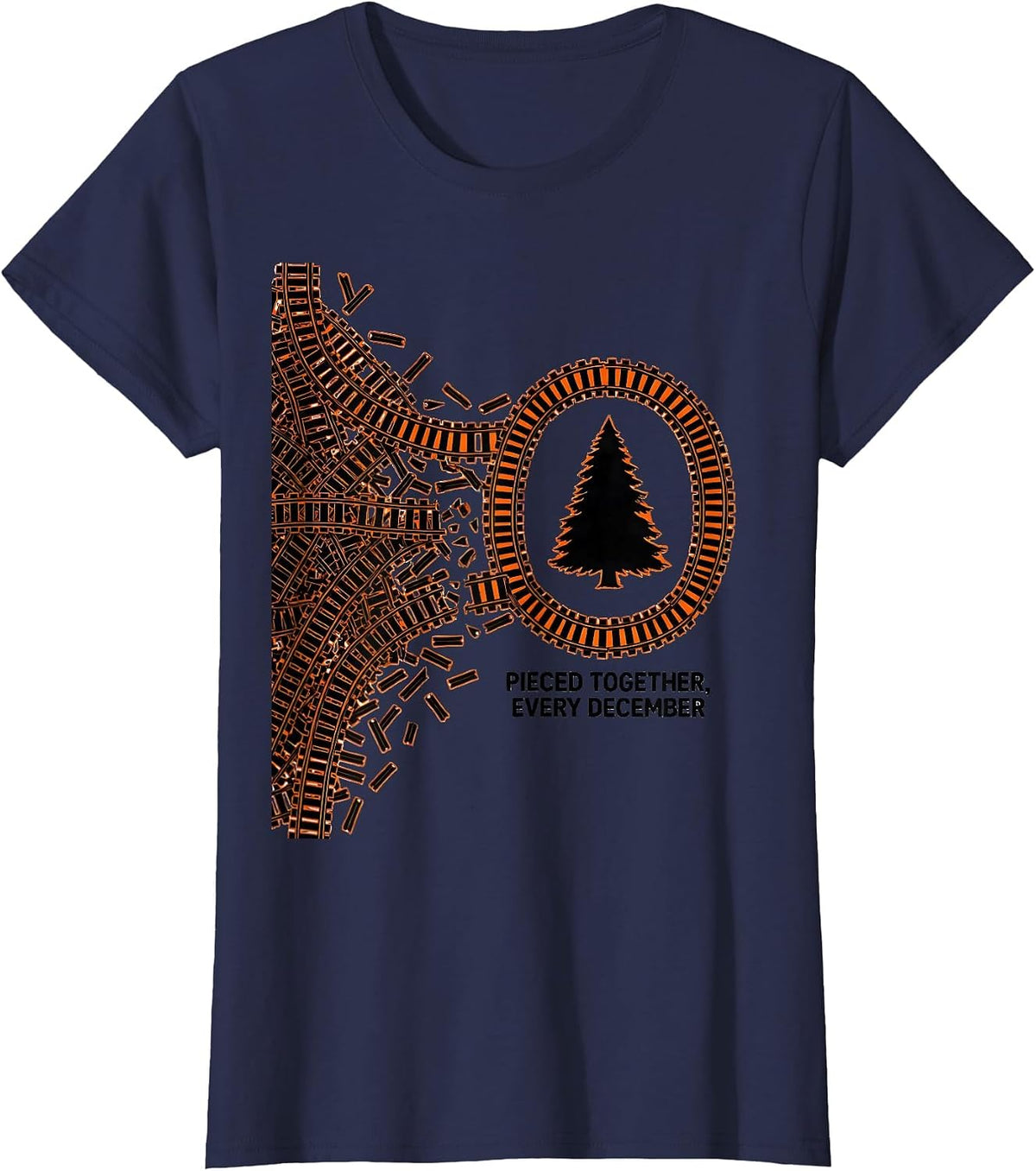 Women's Pieced Together Every December Vintage Train Hobbyist T-Shirt - Navy Blue