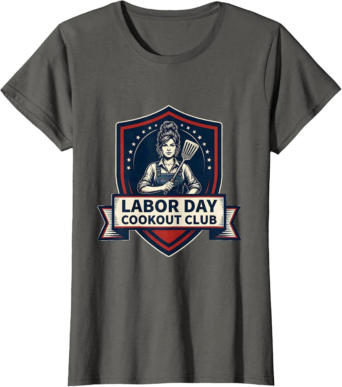 Women's Labor Day Cookout Club Patriotic Messy Bun Woman Holiday T-Shirt - Asphalt Grey