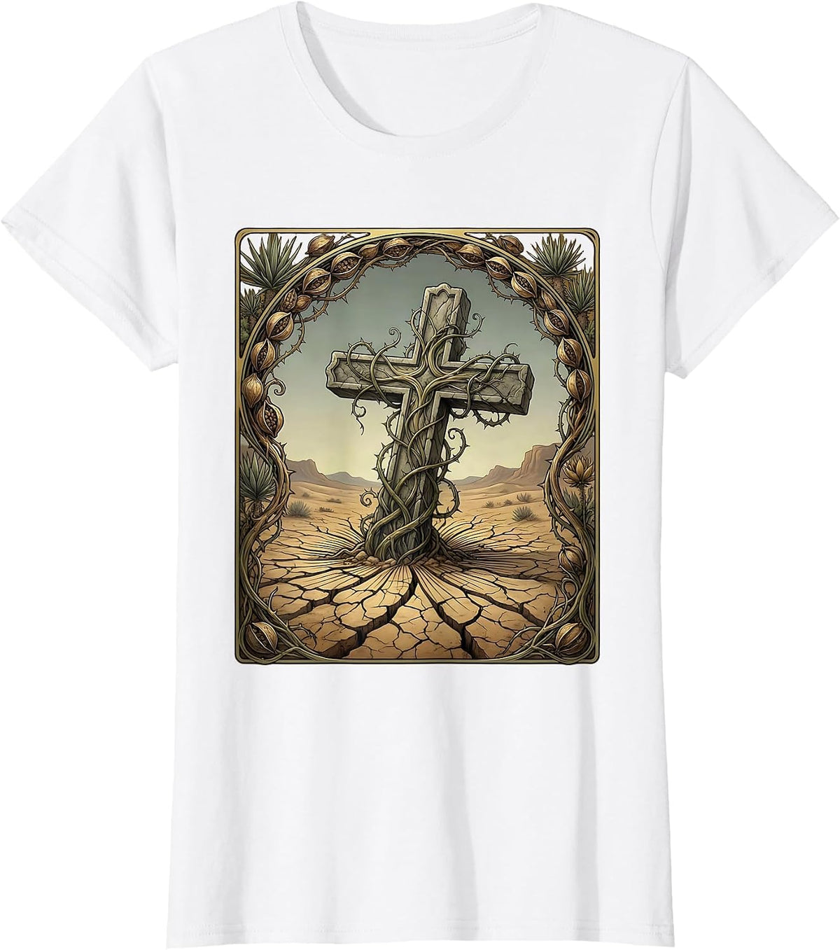 Cross Sinking Into Cracked Desert Ground T-Shirt - White