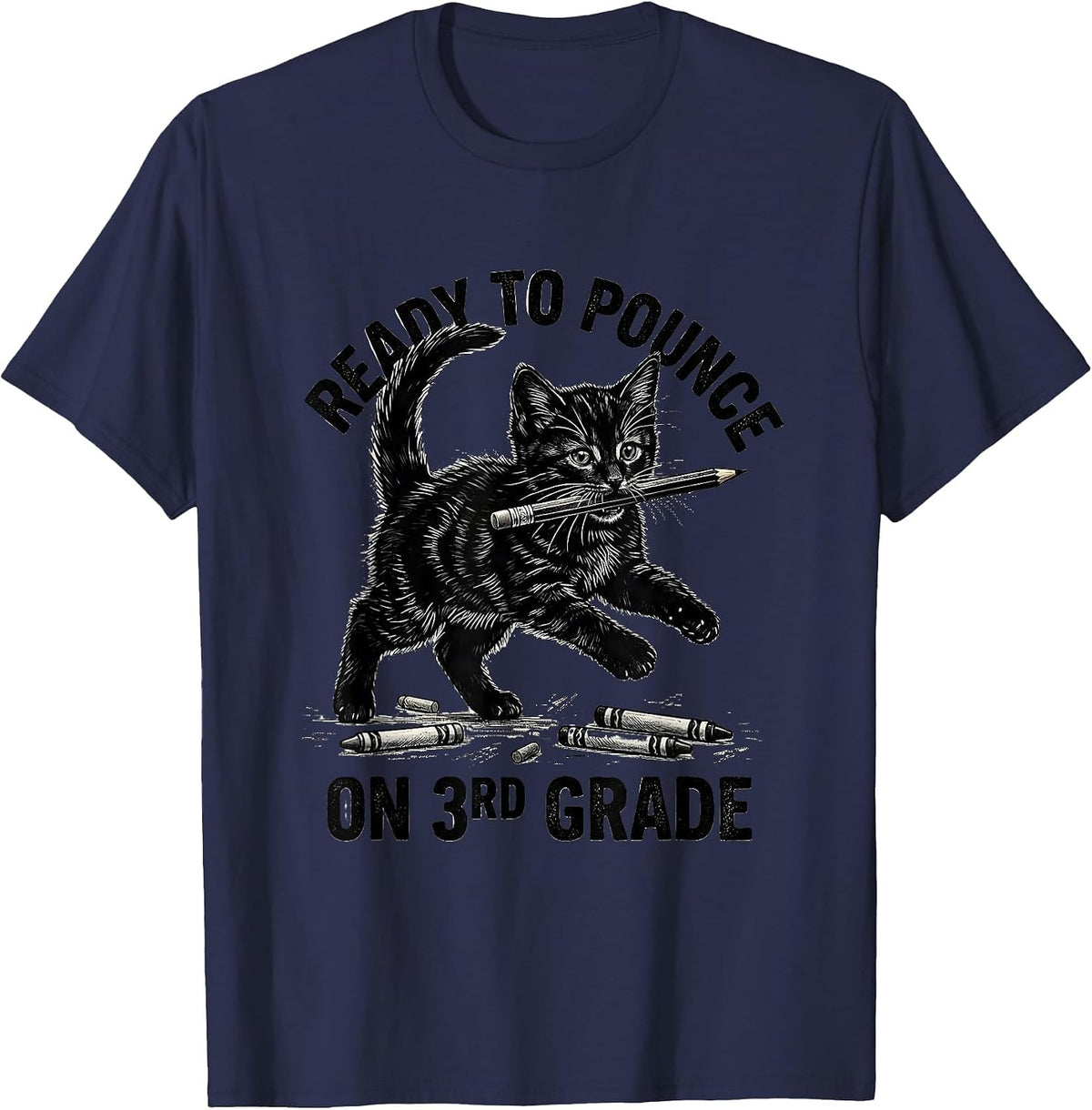 Men's Ready To Pounce On 3rd Grade Cute Cat Kitten Back To School T-Shirt - Navy Blue