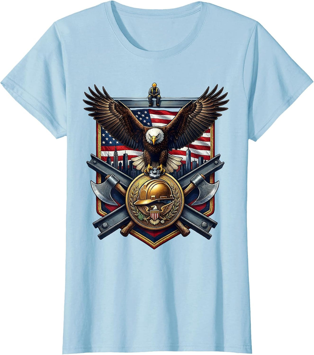 Construction Worker Steel Beam Skyline Graphic T-Shirt - Baby Blue