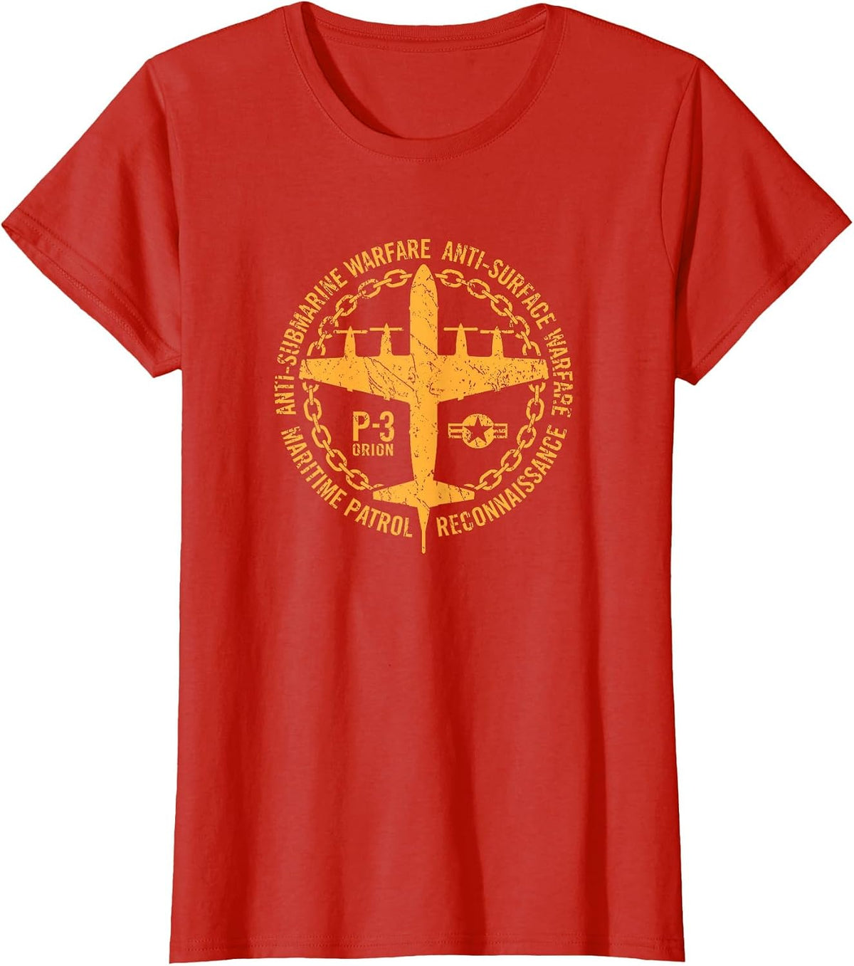 P-3 Anti-Submarine Warfare Patrol Aircraft Distressed Design T-Shirt - Red