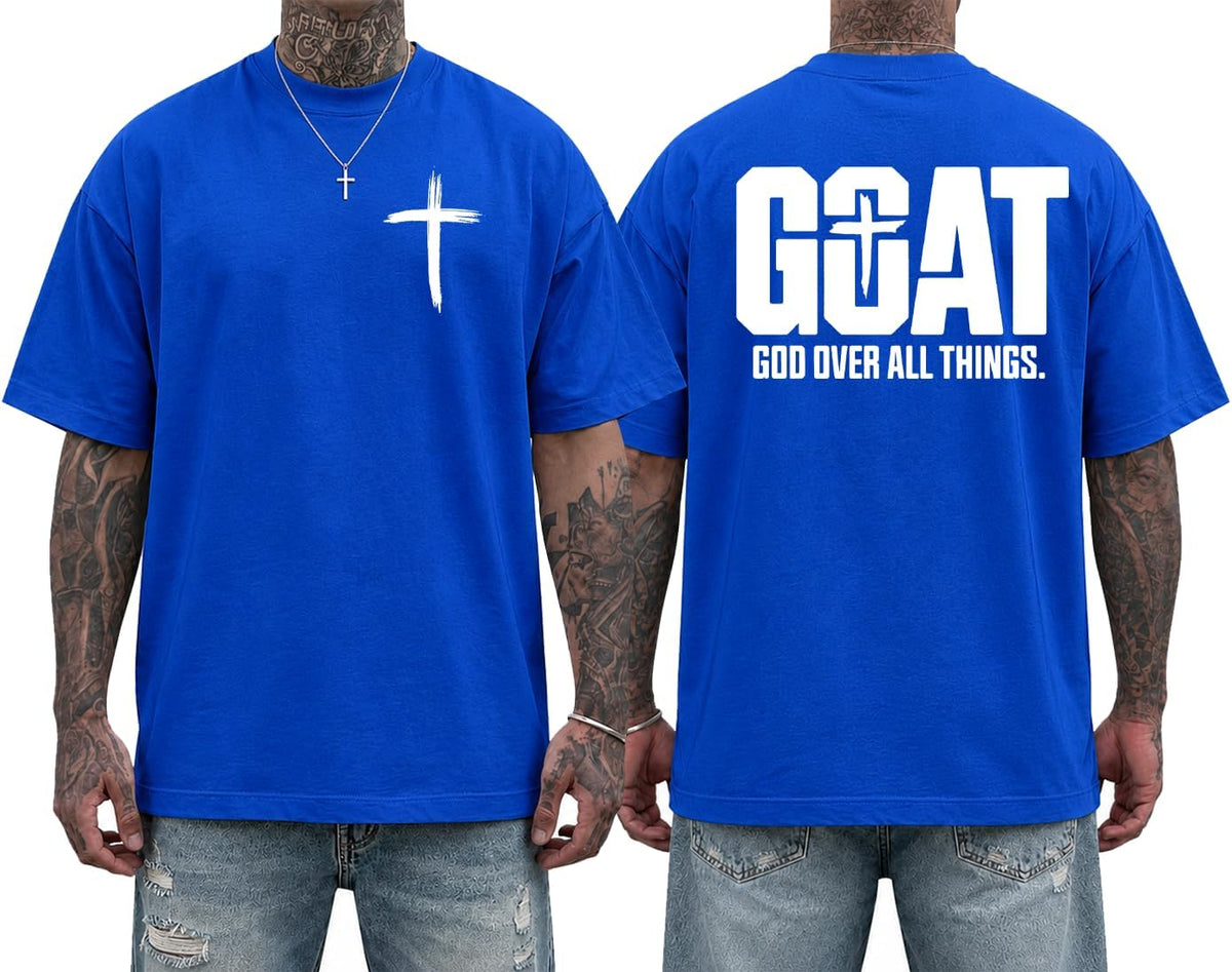 Christian Shirts for Men Goat God Over All Things T-Shirt - Crewneck Sapphire Blue