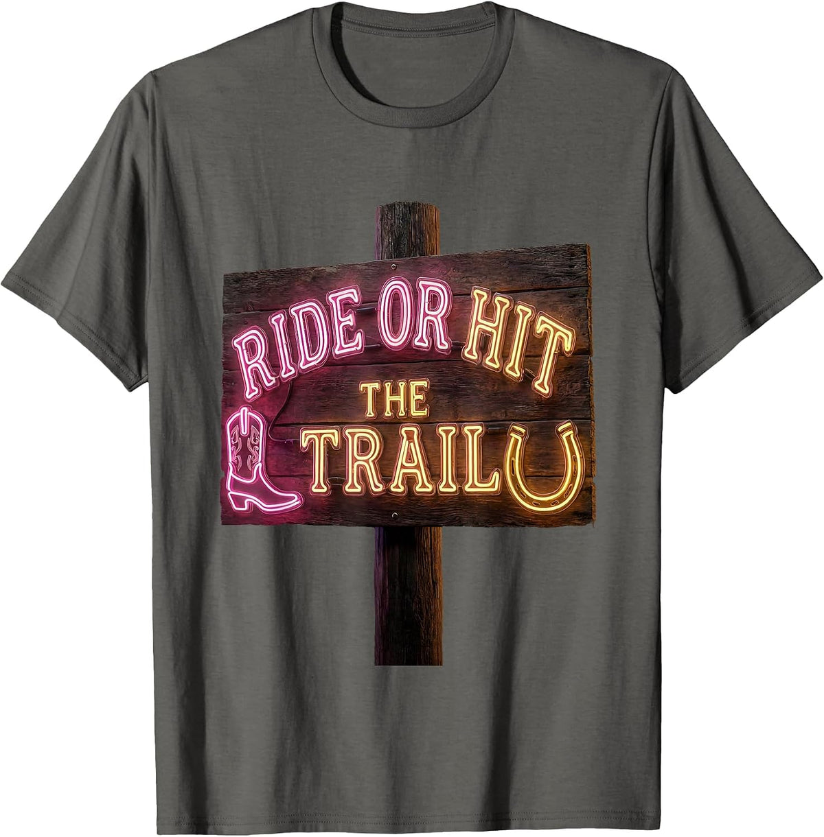 Ride or Hit the Trail Western Cowboy Design T-Shirt - Asphalt Grey