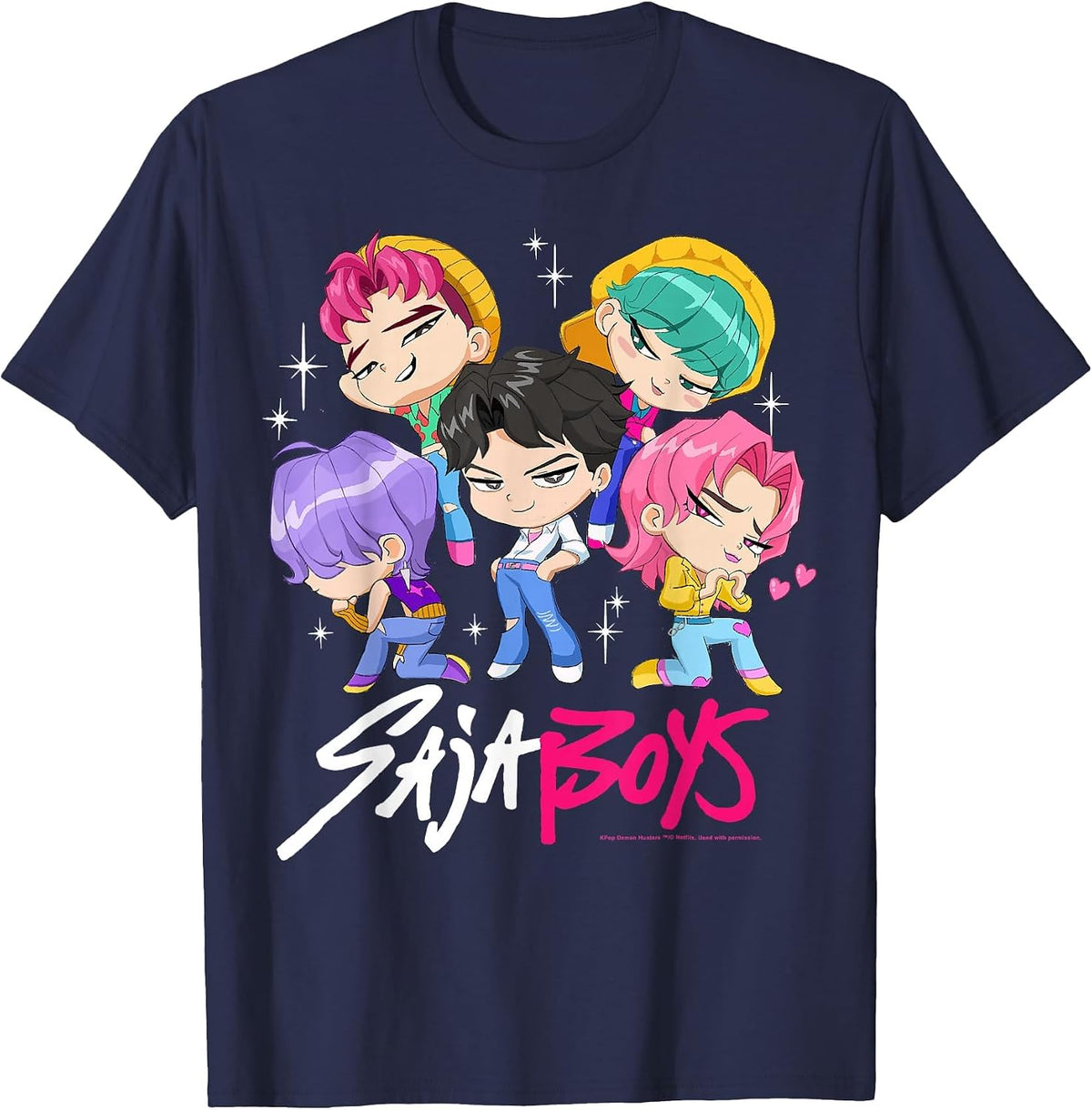 Kpop Demon Hunters Saja Boys Chibi Band Group Shot T-Shirt - Navy Blue