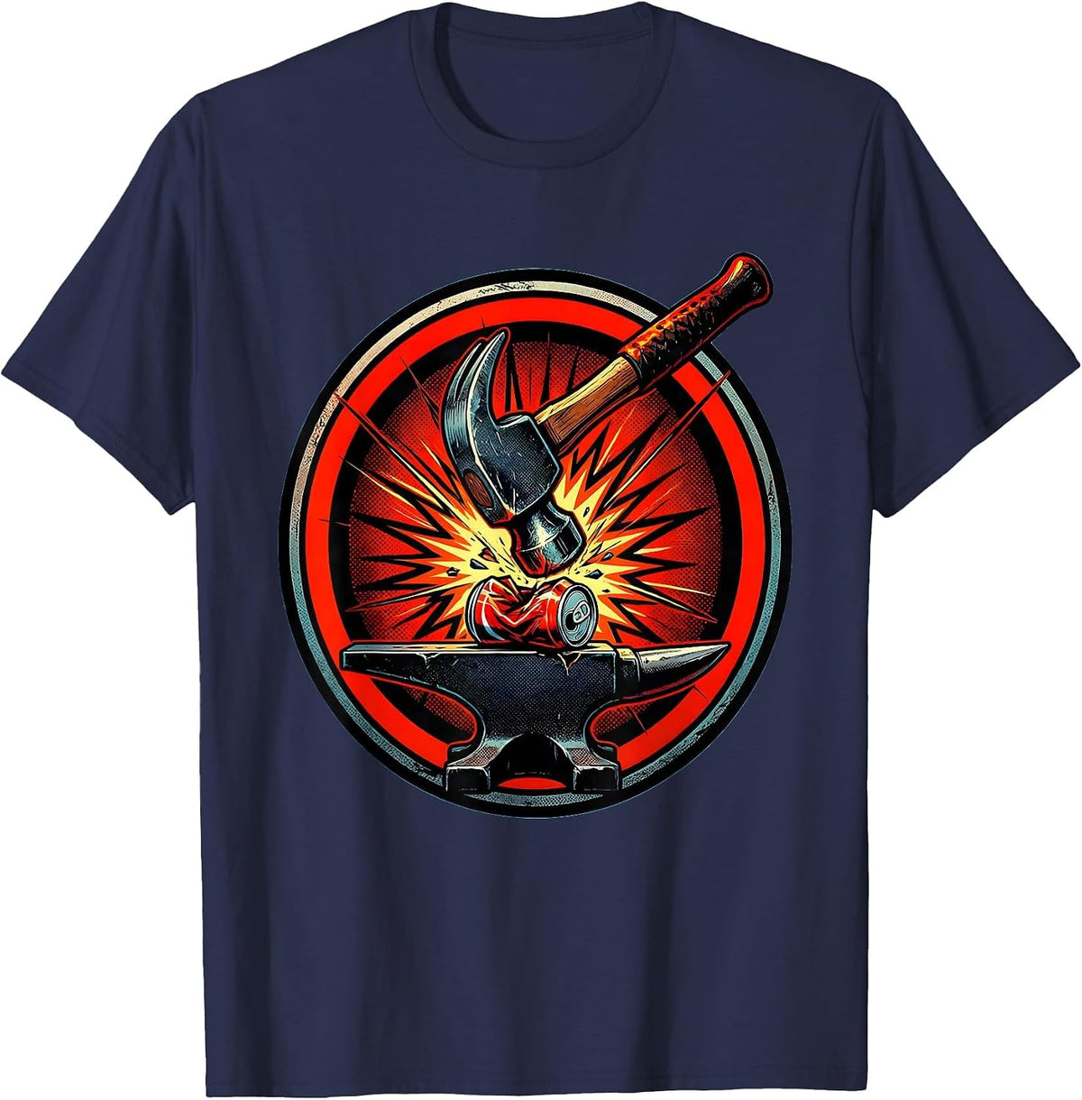 Men's Blacksmith Hammer Pounding Can on Anvil Graphic T-Shirt - Navy Blue