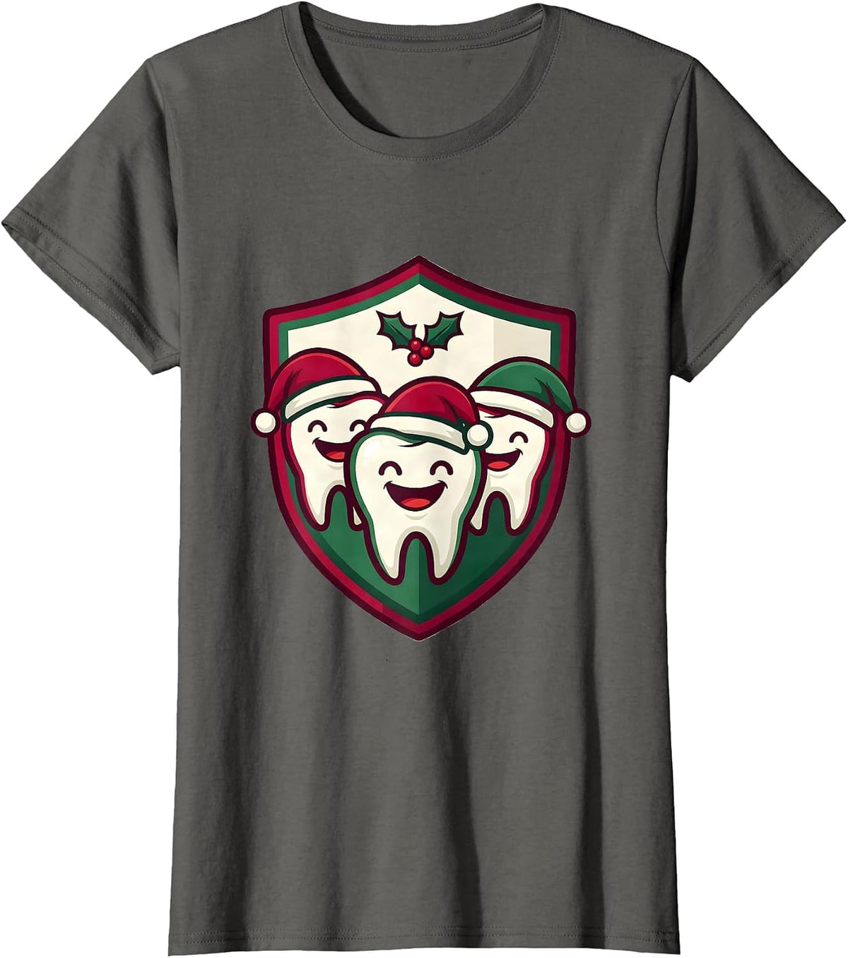 Women's Tooth Mascot Shield Dental Team Christmas Humor T-Shirt - Asphalt Grey