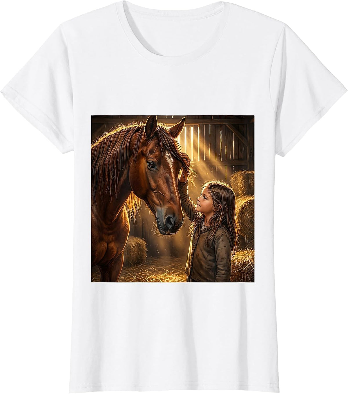 Horse Girl Grooming Golden Barn Light Illustration T-Shirt - White