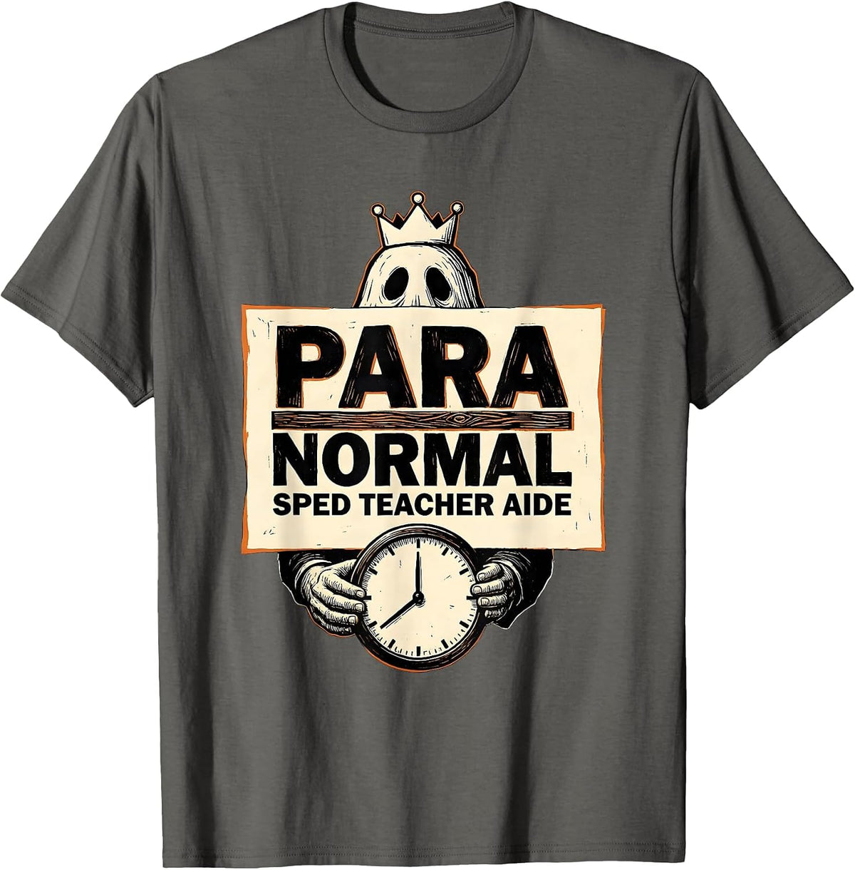 Para Normal SPED Teacher Aide Ghost Linocut Halloween T-Shirt - Asphalt Grey