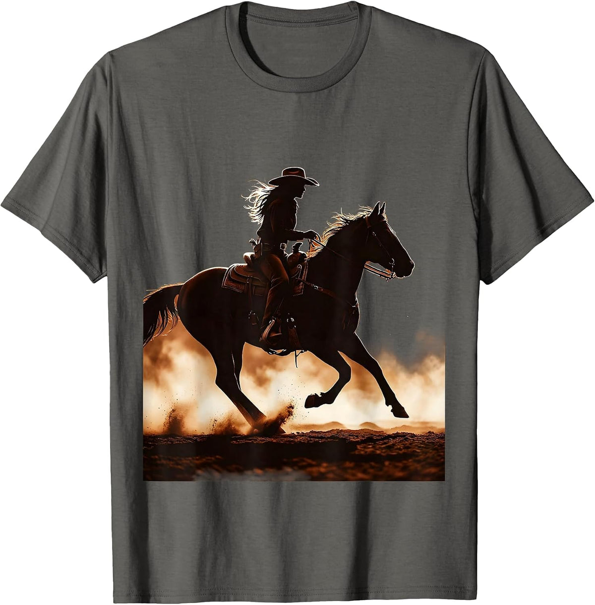 White Cowgirl Riding Horse Through Dusty Trail T-Shirt - Asphalt Grey