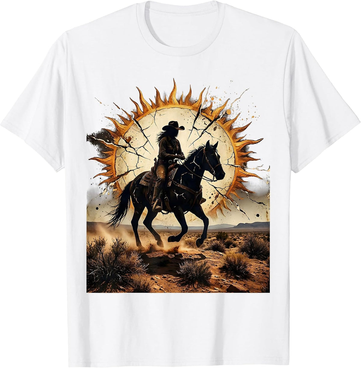 Men's Lone Cowgirl Silhouette Sunset Country Music T-Shirt - White