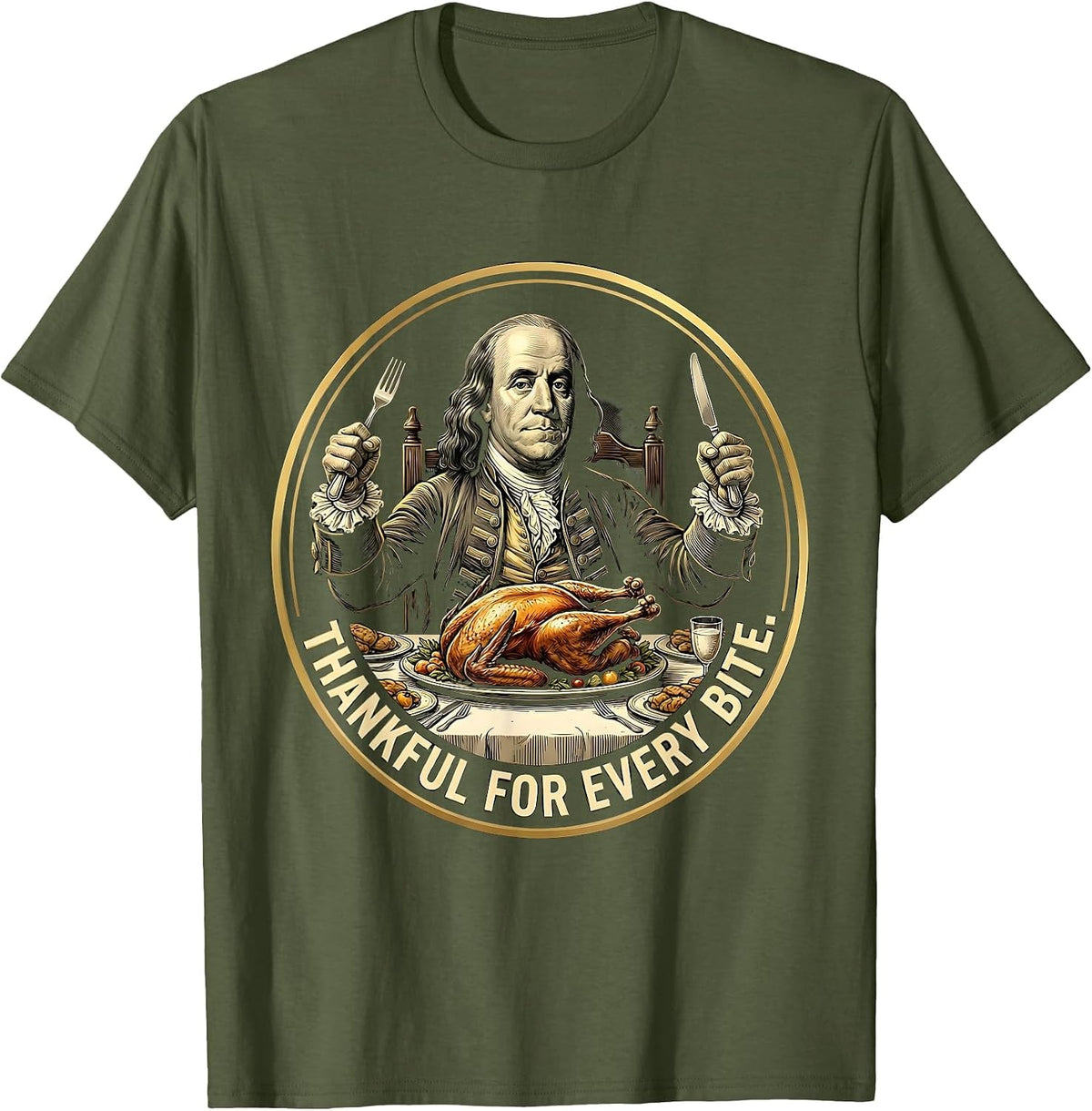 Thankful for Every Bite Kids Thanksgiving Design T-Shirt - Olive Green