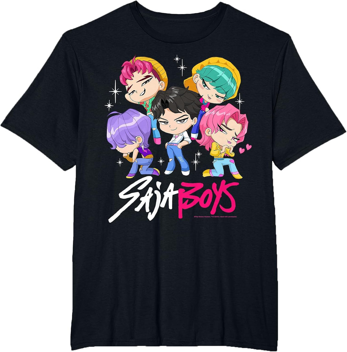 Kpop Demon Hunters Saja Boys Chibi Band Group Shot T-Shirt - Black