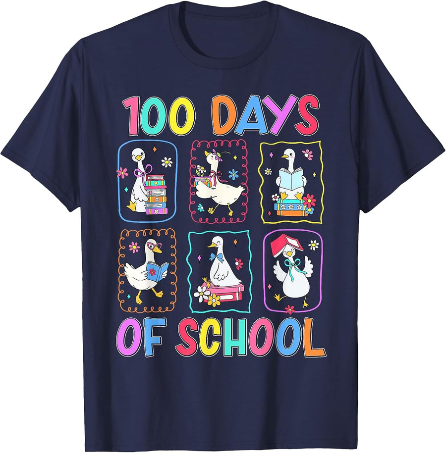 100 Days of School 100th Day Funny Goose Boys Girls Kids T-Shirt - Navy Blue