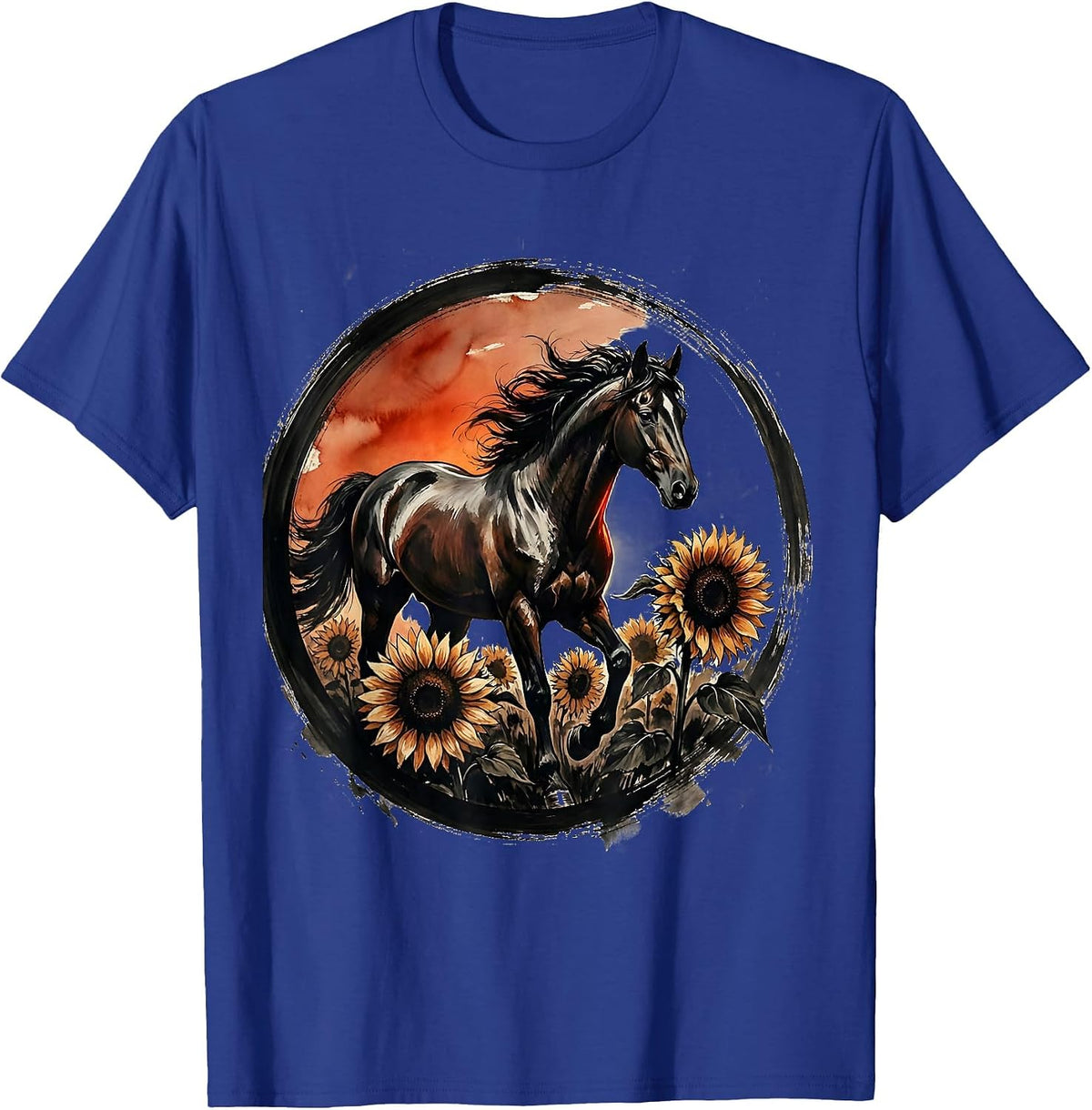 Men's Horse in Sunflower Field Dusk Illustration T-Shirt - Royal Blue