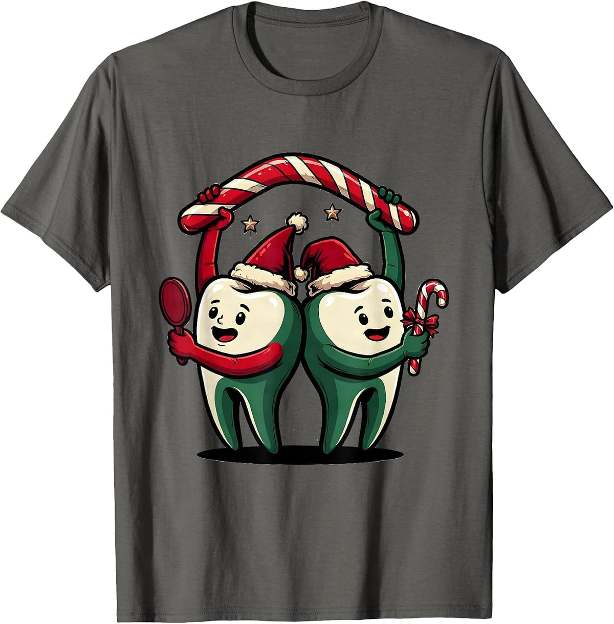 Rounded Teeth Candy-Cane Dental Humor Christmas Crew T-Shirt - Asphalt Grey
