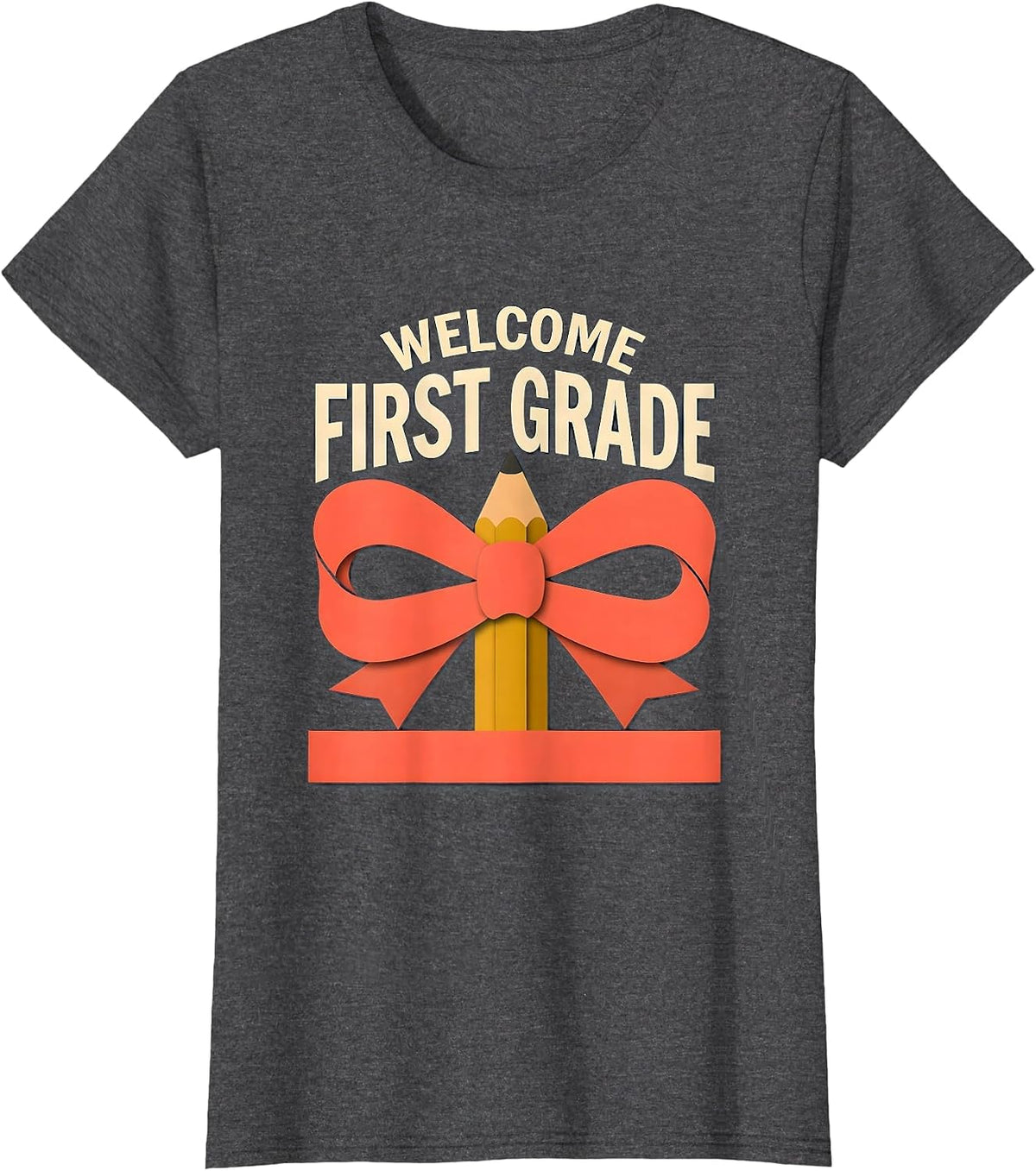 Women's Welcome, First Grade Cute Coquette Bow Back to School Pencil T-Shirt - Dark Heather Grey