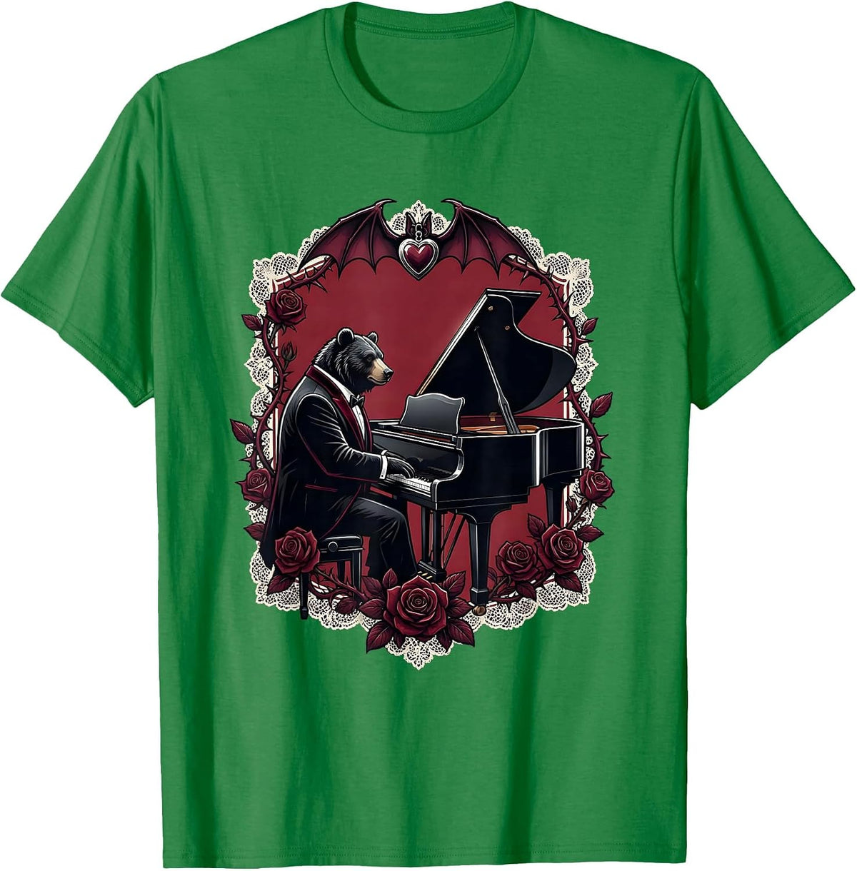 Men's Bear in Tuxedo at Grand Piano Illustration T-Shirt - Kelly Green