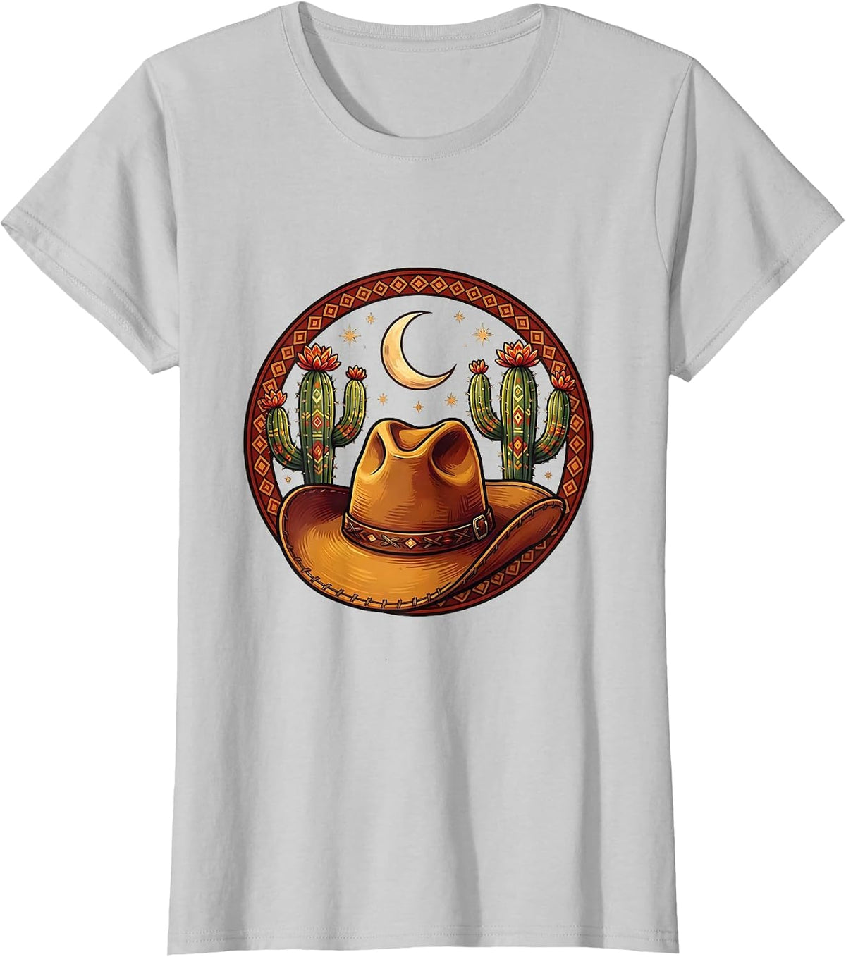 Women's Cowgirl Hat Cactus Crescent Moon Western Design T-Shirt - Silver Grey